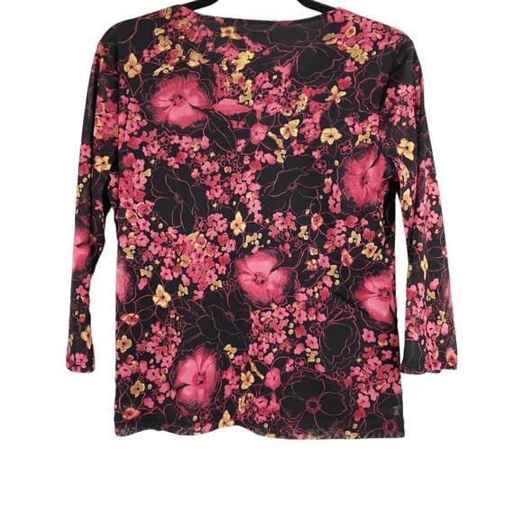 💎303 Emma E James by Liz Claiborne Black Floral Wrap Sheer Sleeve Top - Picture 4 of 8